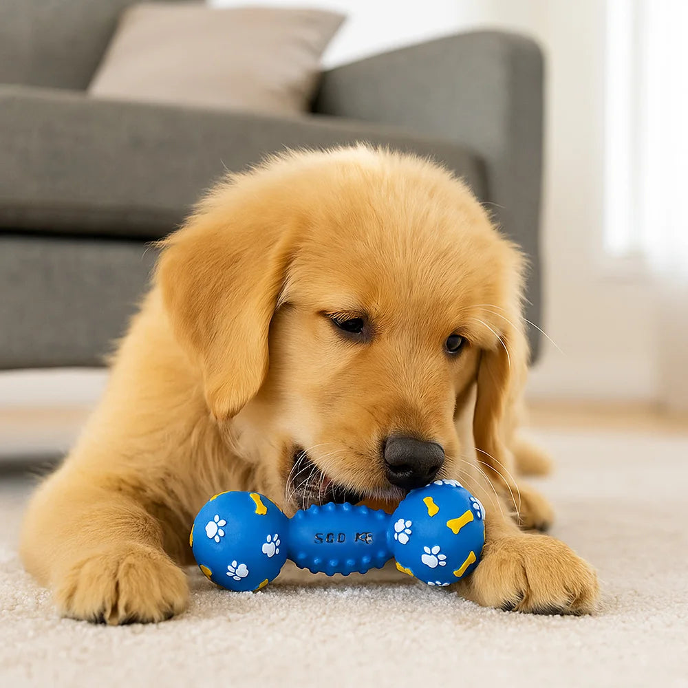 Premium Squeaky Dumbbell Dog Toy For Durable Chew And Fetch by PawHaven