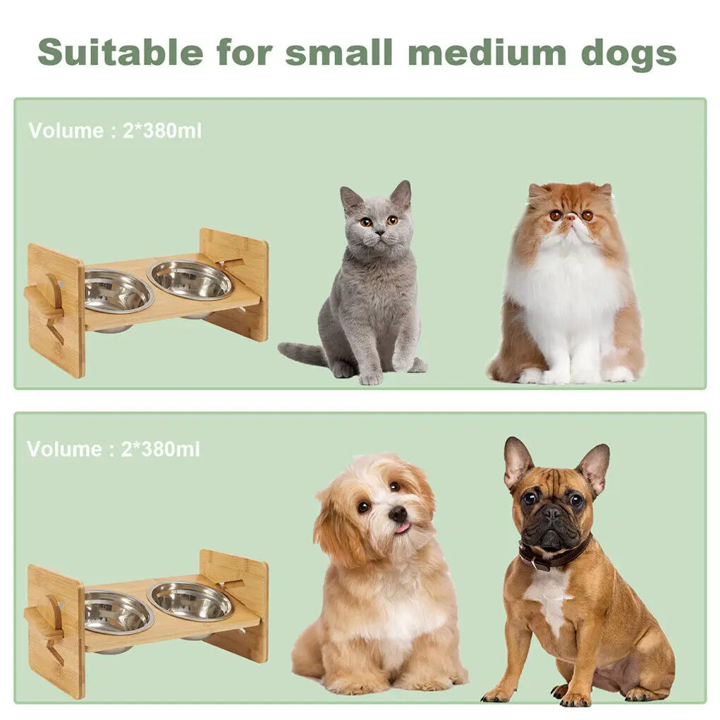 Wooden Raised Cat Bowls, Food Container, Drinking Dish, Bamboo Stand, Stainless Bowl, Height Adjustable by PawHaven