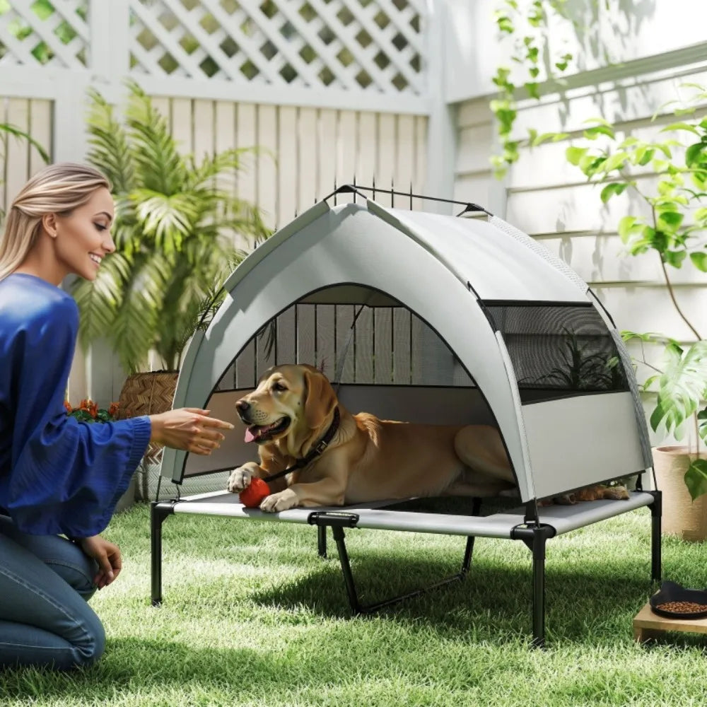 Portable Elevated Dog Bed with Removable Canopy, Cooling Raised Pet Cot for Medium Large Dogs, 92 x 75 x 89 cm by PawHaven