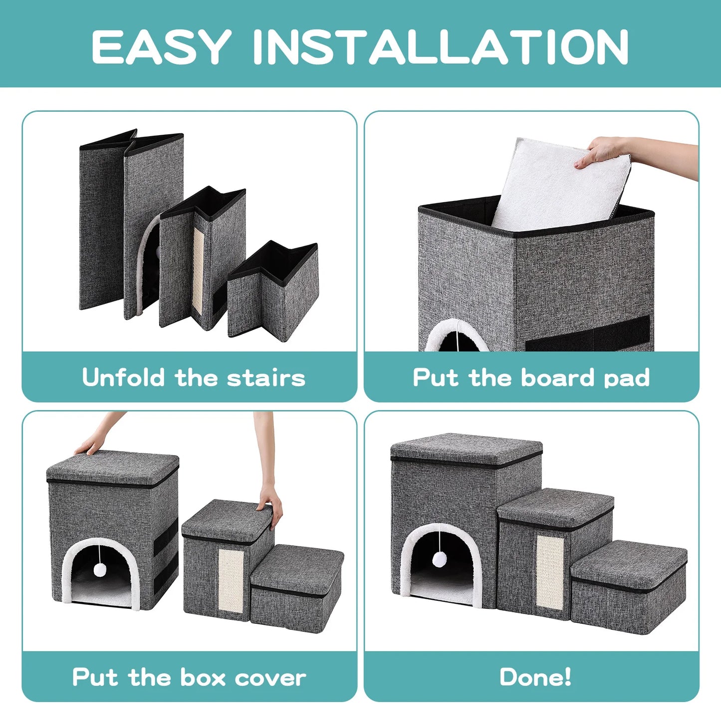 Dog Stairs for Small Dogs, 3 Steps Pet Stairs / Cat Stairs for Bed and Sofa, Folding Stairs with Cat Dog Cave, Non-Slip Base by PawHaven