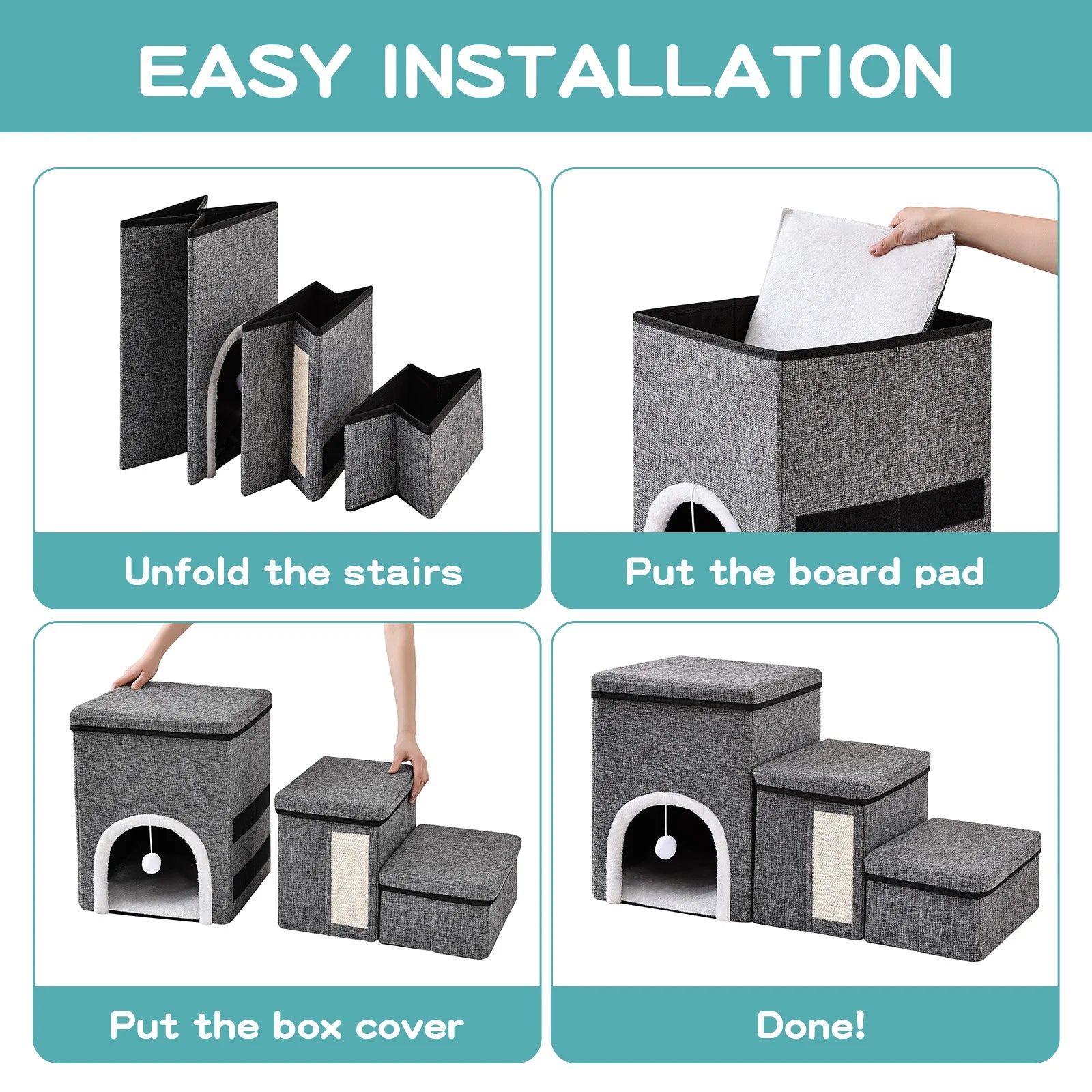Dog Stairs for Small Dogs, 3 Steps Pet Stairs / Cat Stairs for Bed and Sofa, Folding Stairs with Cat Dog Cave, Non-Slip Base by PawHaven