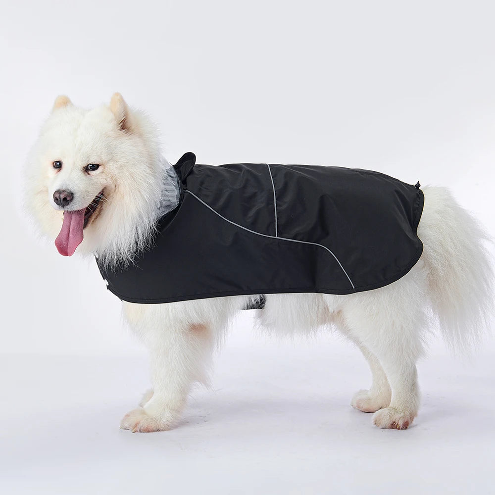 Casual Robe Style Waterproof Dog Raincoat for Large Dogs, Breathable Mesh Lining, Reflective Cross & Bar Strips on Back by PawHaven
