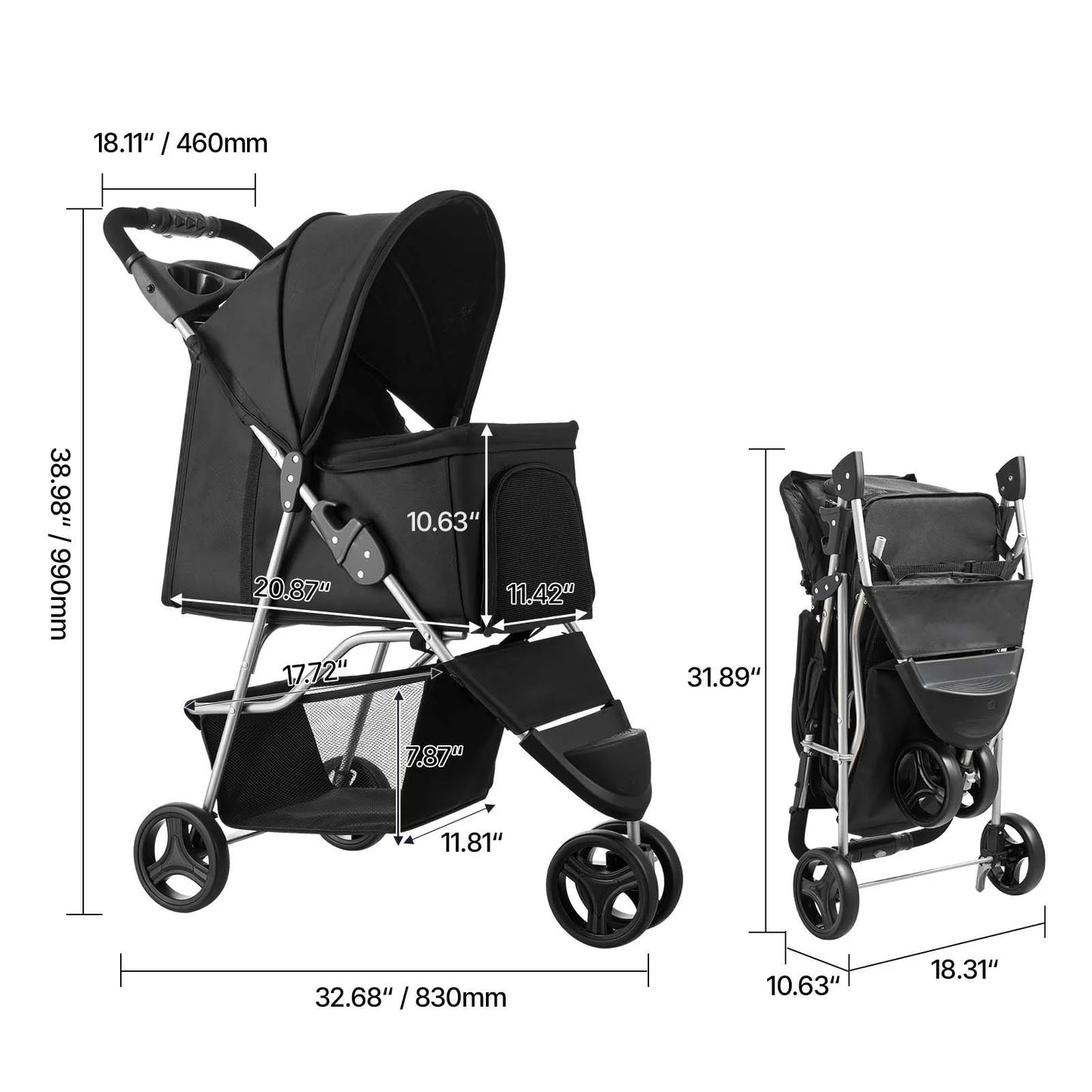 SucceBuy Pet Stroller 35 lbsDog Stroller Cart 4 Wheels Cats Pram w/Carrier & Mesh Animal Carrier w/Brake Small to Medium Pet by PawHaven