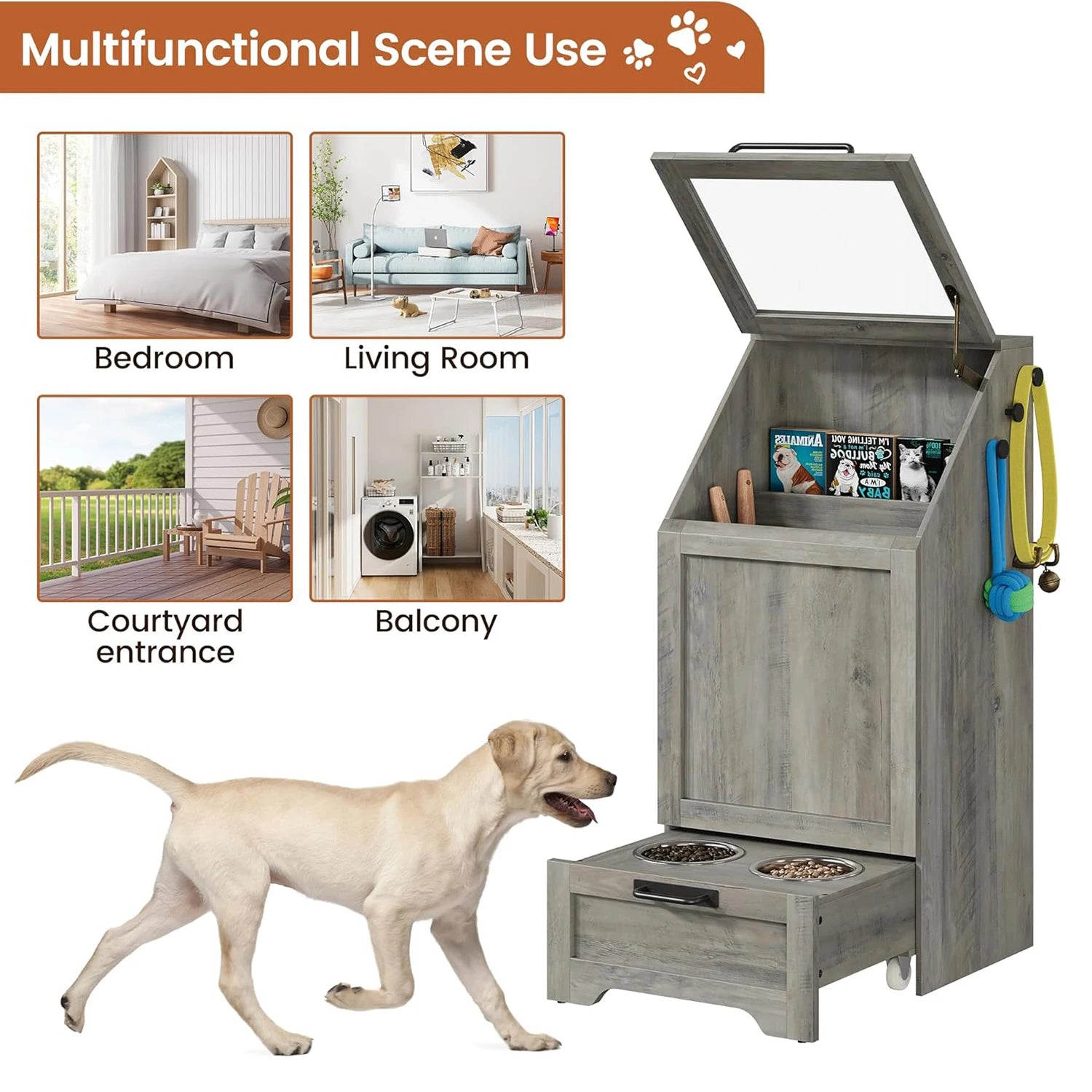 Dog Feeding Station with 2 Elevated Dog Bowls Flip Top Pet Food Cabinet Pet Food Container Pet Toys Storage Organizer by PawHaven
