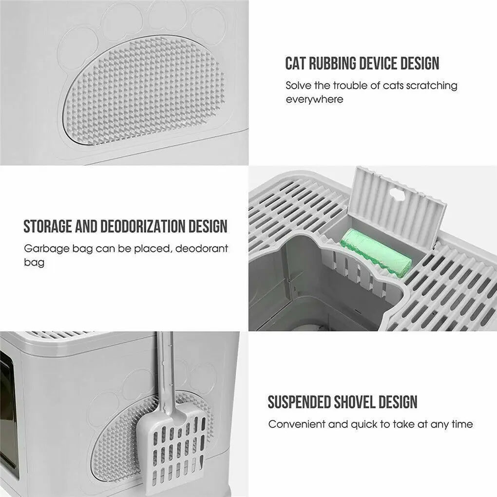 Foldable Cat Litter Box Front Entry & Top Exit Toilet Boxes with Scoop Enclosed Kitty Toilet Tray Pan by PawHaven