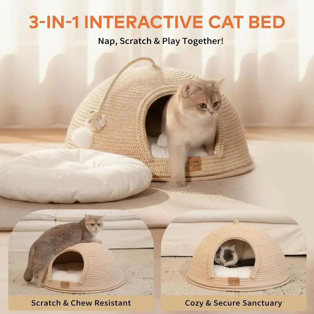 Cat Cave Bed amp Igloo Hideaway Durable Woven Yarn Cat House for Indoor Cats, ScratchResistant Hard Shell Nest with Washable Cu by PawHaven