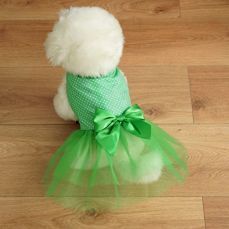 Cute Green Polka Dot Pet Dog Tutu Dress, Big Bow Tulle Skirt Puppy Outfit, Sweet Princess Pet Apparel for Small Dogs & Cats Wear by PawHaven