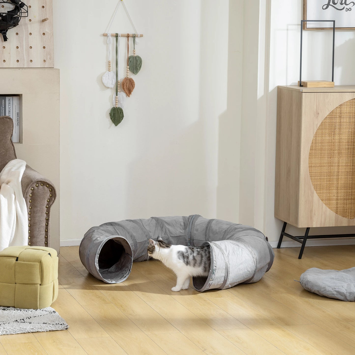 PawHut 2 in 1 Cat Tunnel with Bed, Cat Play Tunnel for Indoor Cats, Grey by PawHaven