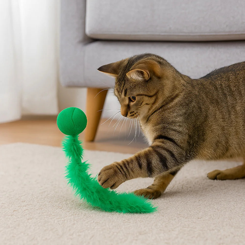 Feather Teaser Cat Toy Ball, Natural Wool Felt and Feathers for Interactive Play, Mental and Physical Stimulation by PawHaven