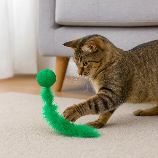 Feather Teaser Cat Toy Ball, Natural Wool Felt and Feathers for Interactive Play, Mental and Physical Stimulation by PawHaven