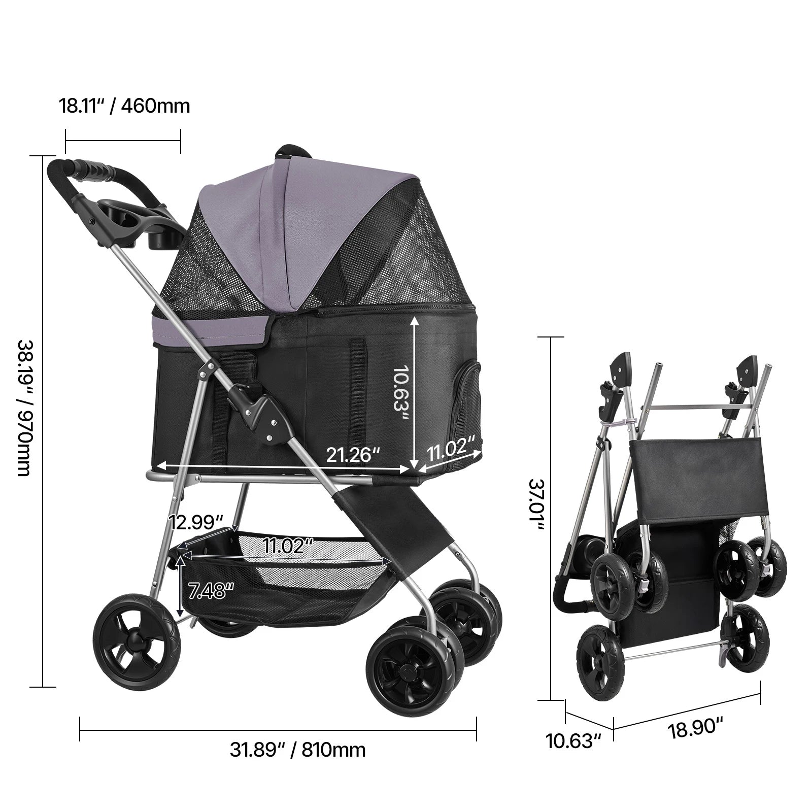 SucceBuy Pet Stroller 35 lbsDog Stroller Cart 4 Wheels Cats Pram w/Carrier & Mesh Animal Carrier w/Brake Small to Medium Pet by PawHaven