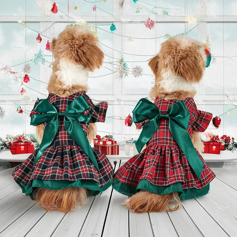 Plaid Christmas Dog Dress with Big Bow, Warm Velvet, S-XL, Holiday Pet Outfit for Small/Medium Dogs by PawHaven