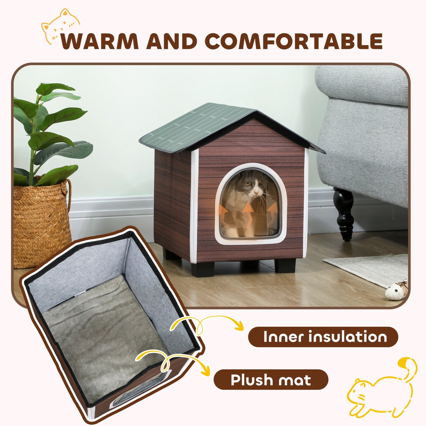 PawHut Outdoor Cat House with Elevated Base, Cushion, Red-brown by PawHaven