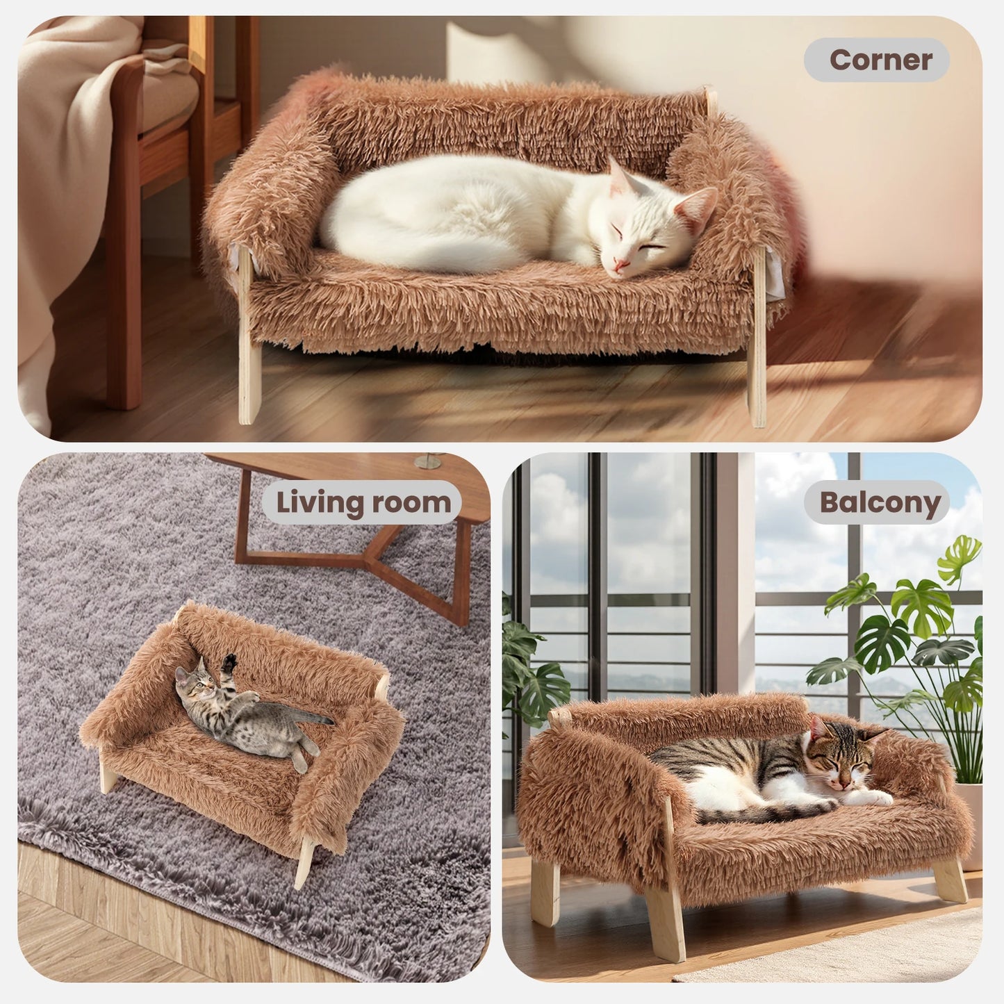 Large Cat Bed Sturdy Wooden Leg Raised Plush Cat Sofa Bed Kitten Bed for Indoor Cats - Soft Cat Couch by PawHaven