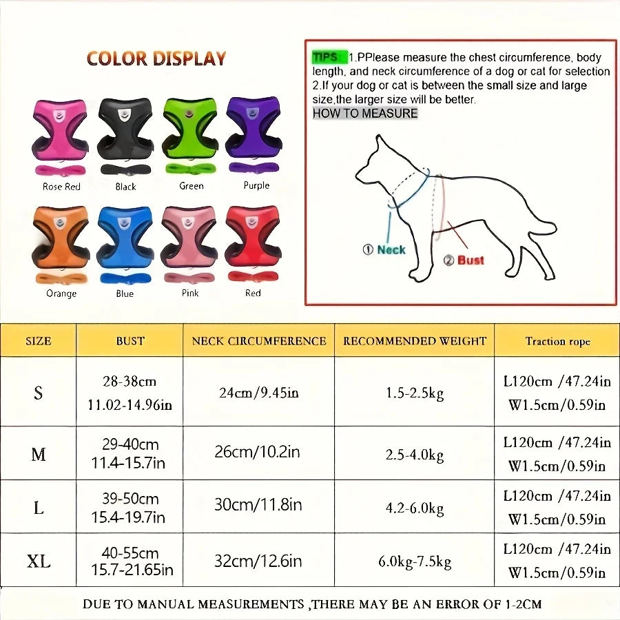Pet Leash Dog Harness Mesh Breathable Chest Strap Dog Collar Outdoor Vest-Style Walking Doggy Tie-up Comfortable Training Leash by PawHaven