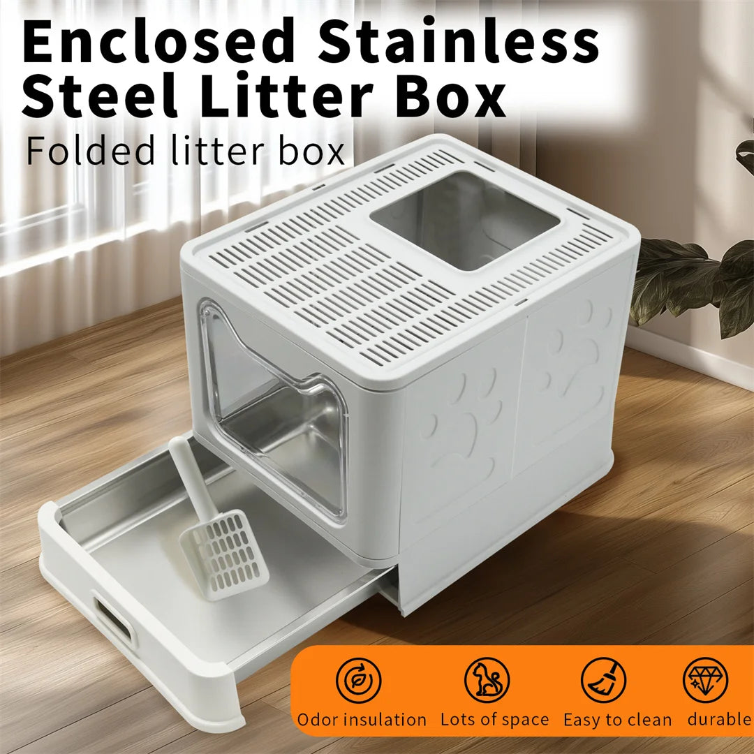 Bingopaw Detachable Enclosed Cat Litter Box with Stainless Steel Pan Front Entry Toilet Box with Litter Scoop for Kittens by PawHaven