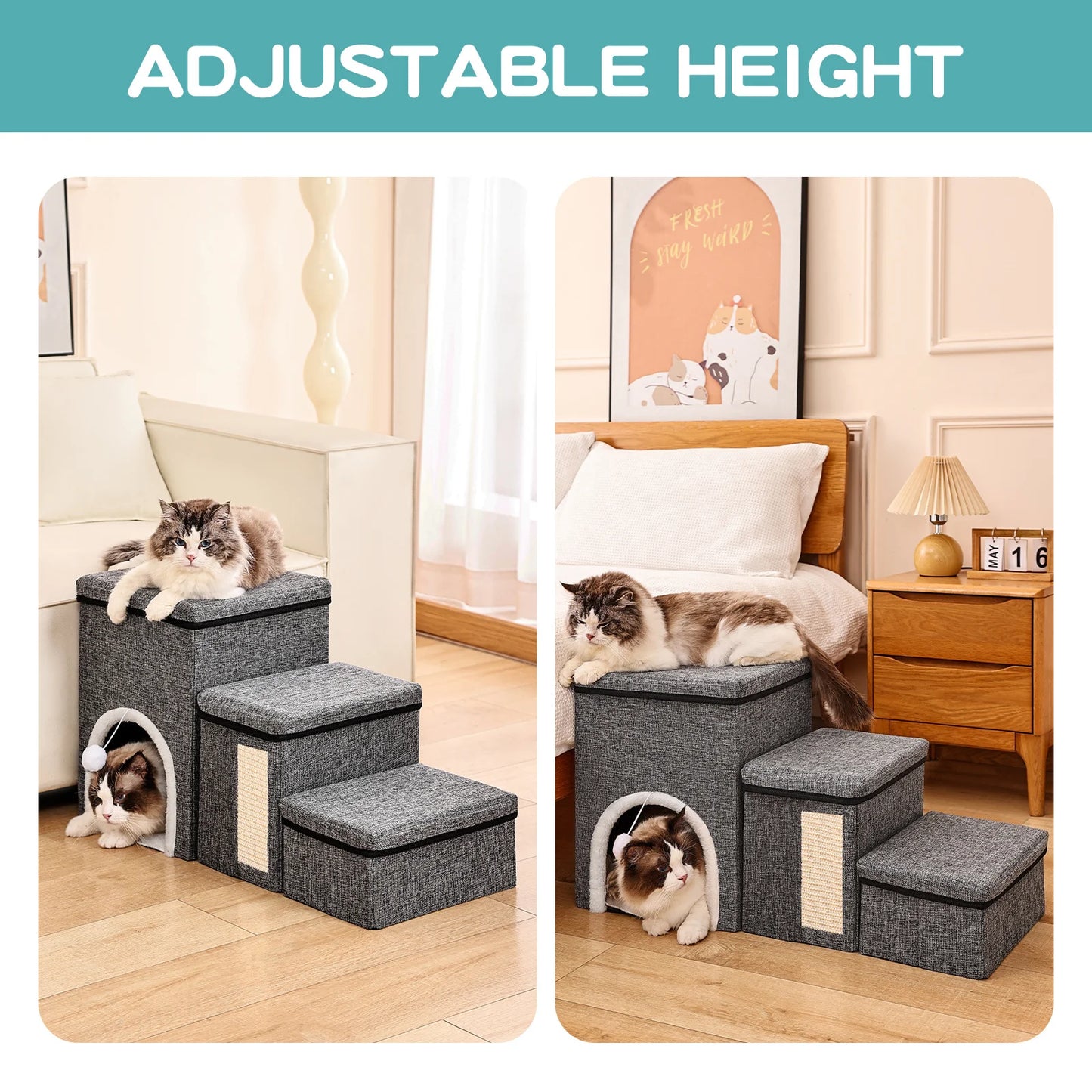 Dog Stairs for Small Dogs, 3 Steps Pet Stairs / Cat Stairs for Bed and Sofa, Folding Stairs with Cat Dog Cave, Non-Slip Base by PawHaven