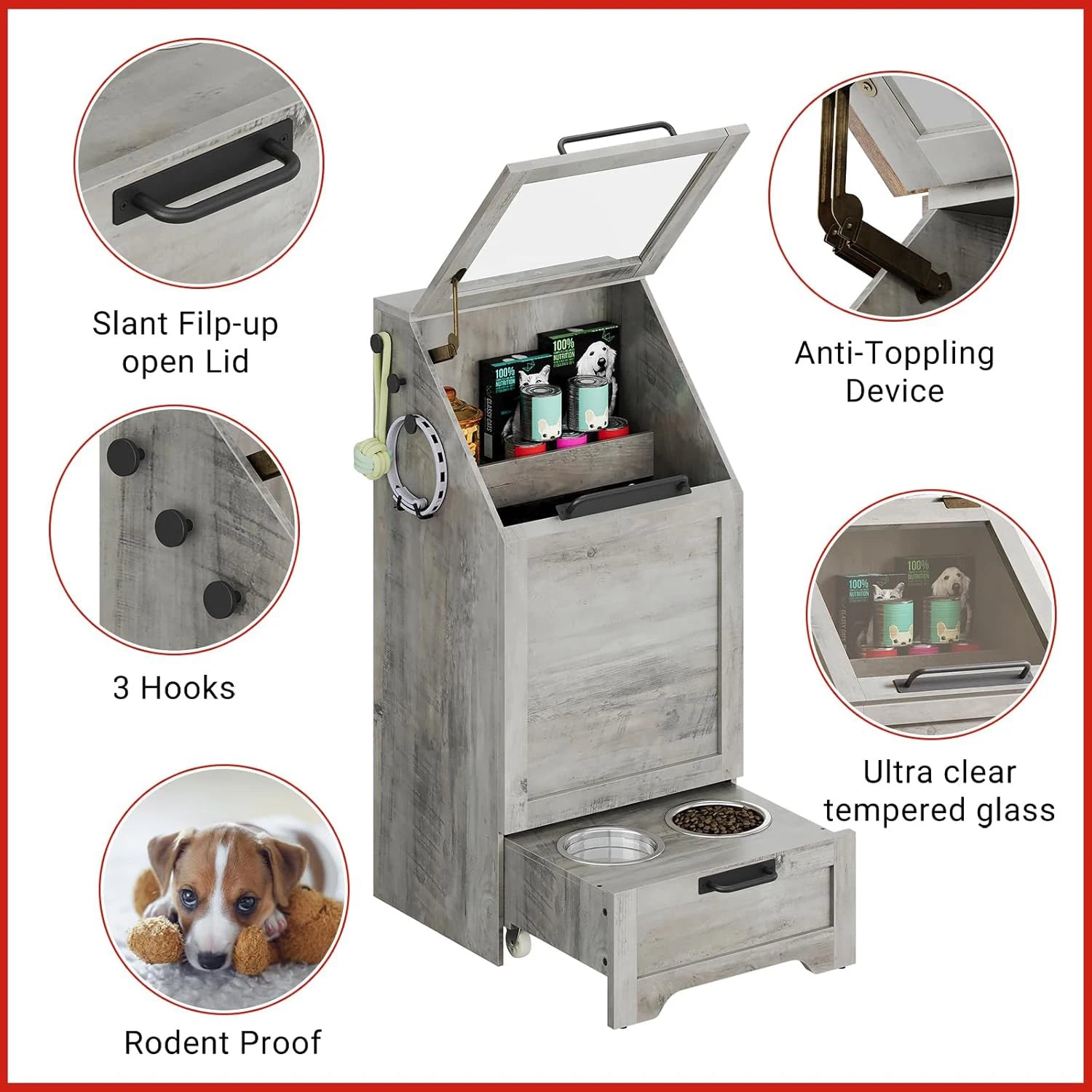 Dog Feeding Station with 2 Elevated Dog Bowls Flip Top Pet Food Cabinet Pet Food Container Pet Toys Storage Organizer by PawHaven