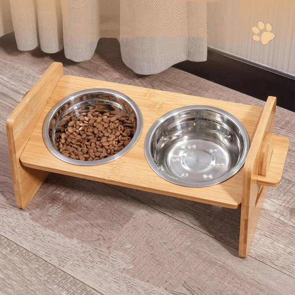 Wooden Raised Cat Bowls, Food Container, Drinking Dish, Bamboo Stand, Stainless Bowl, Height Adjustable by PawHaven