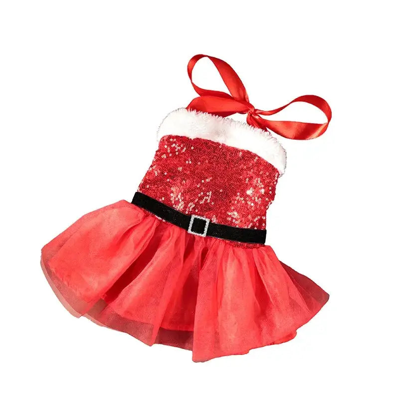 Bow & Belt Design Christmas Sequin Tutu Dog Dress, Red Velvet Halter Skirt, Holiday Pet Outfit for Small/Medium Dogs, by PawHaven