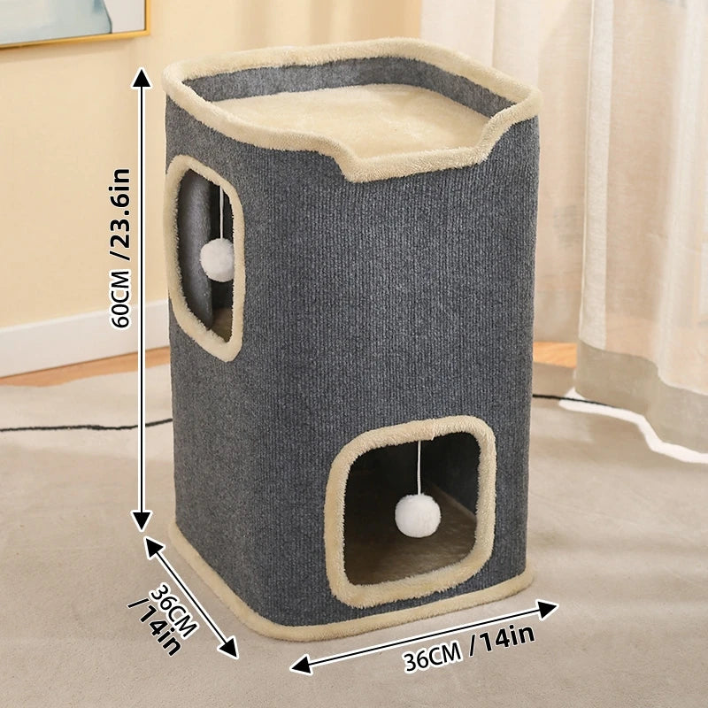 Winter 2 Layer Cat House for Indoor Cats, 24'' Durable Cat Cube Playhouse with Dangling Balls, Perfect for Multiple Pets by PawHaven