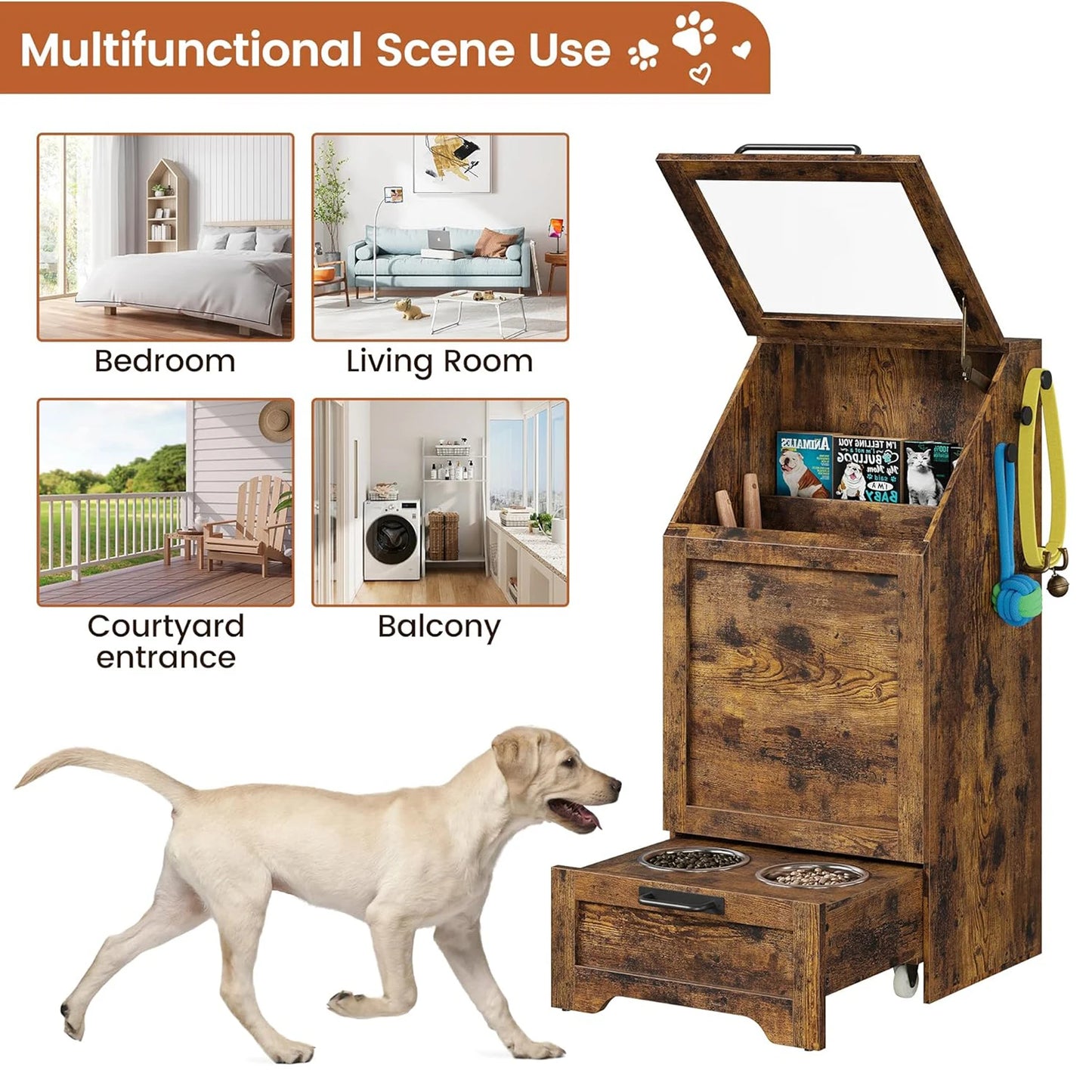 Dog Feeding Station with 2 Elevated Dog Bowls Flip Top Pet Food Cabinet Pet Food Container Pet Toys Storage Organizer by PawHaven