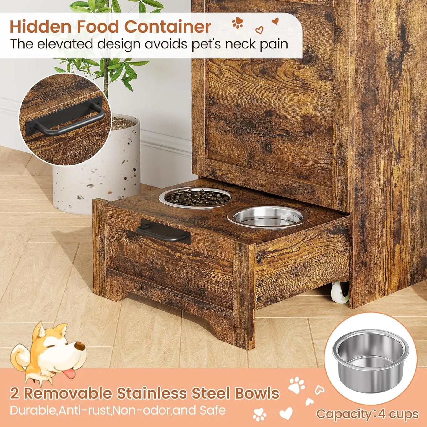 Dog Feeding Station with 2 Elevated Dog Bowls Flip Top Pet Food Cabinet Pet Food Container Pet Toys Storage Organizer by PawHaven