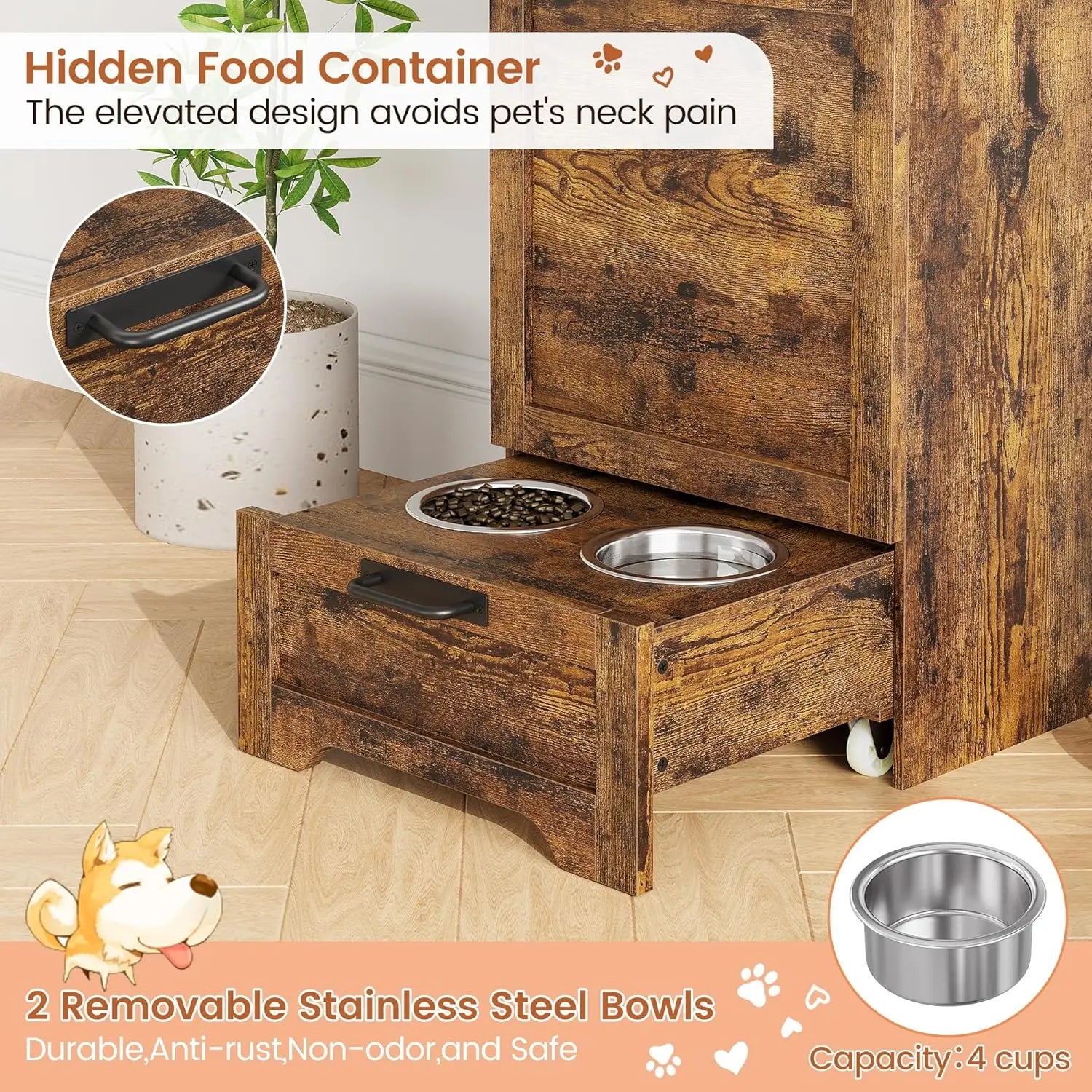 Dog Feeding Station with 2 Elevated Dog Bowls Flip Top Pet Food Cabinet Pet Food Container Pet Toys Storage Organizer by PawHaven