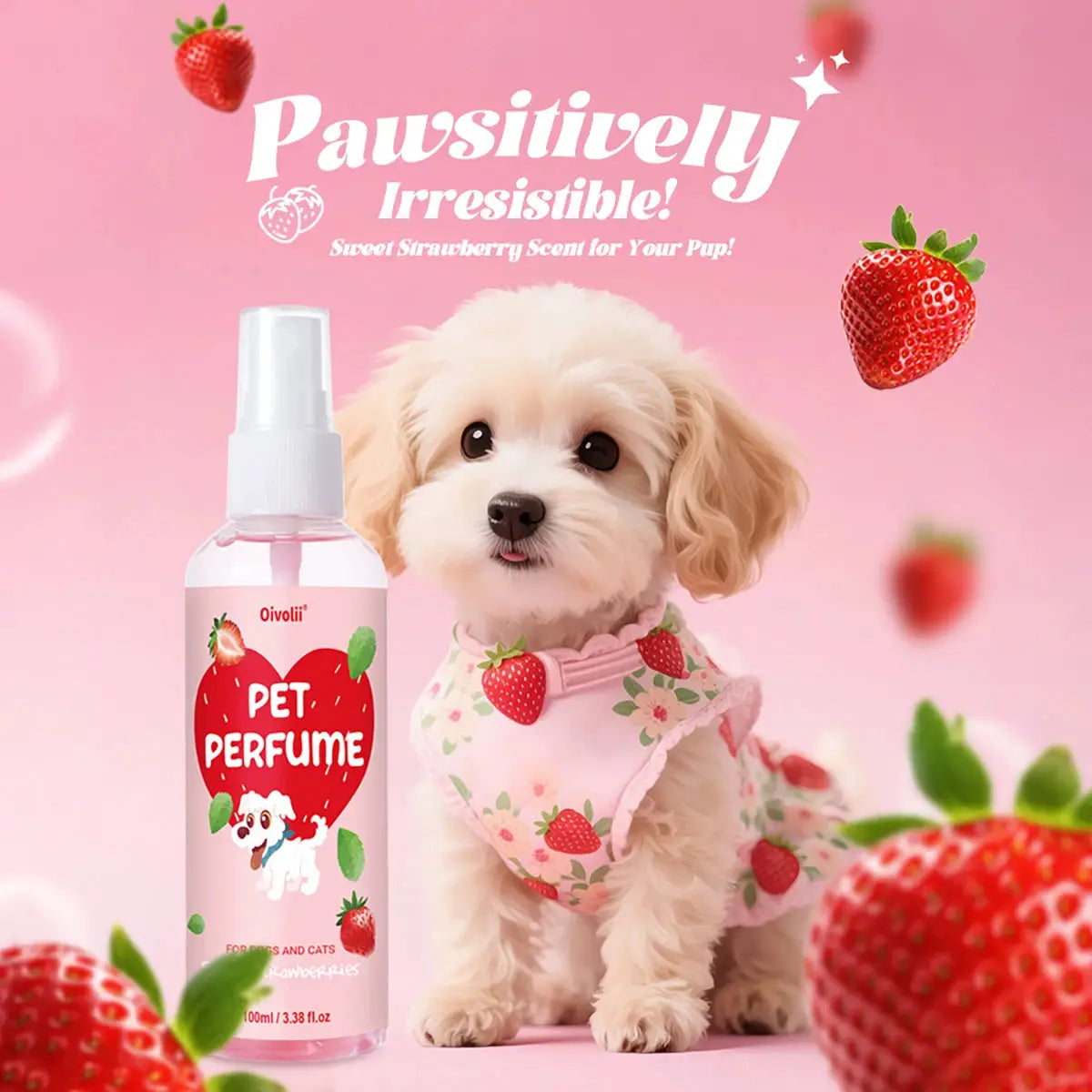 100ml Strawberry Scent Pet Perfume Spray Long-Lasting Deodorant Natural Formula for Dogs Cats All Breeds Air Freshener by PawHaven
