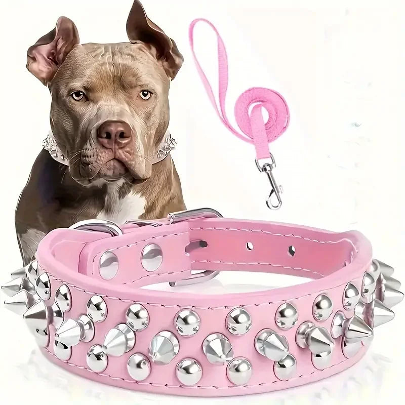 Spiked Dog Collar And Leash Set, Rivet Leather Dog Collar Adjustable Dog Collar For Outdoor Walking by PawHaven