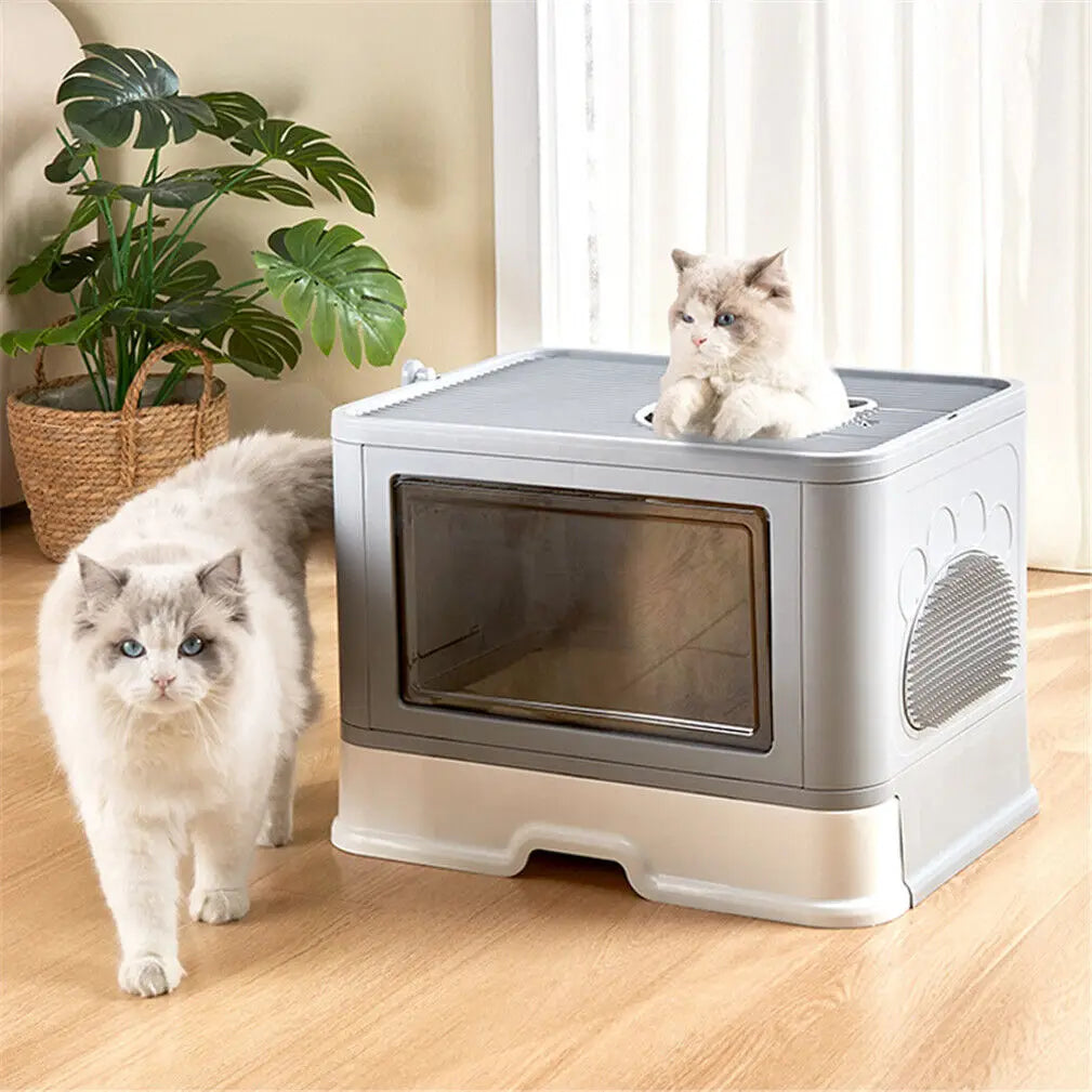 Foldable Cat Litter Box Front Entry & Top Exit Toilet Boxes with Scoop Enclosed Kitty Toilet Tray Pan by PawHaven