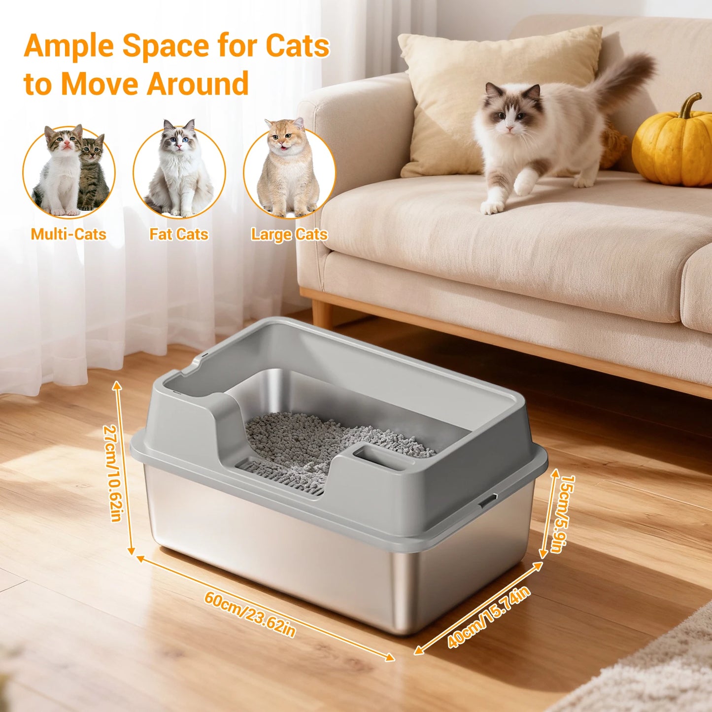Premium XXL Stainless Steel Cat Litter Tray With Lid by PawHaven