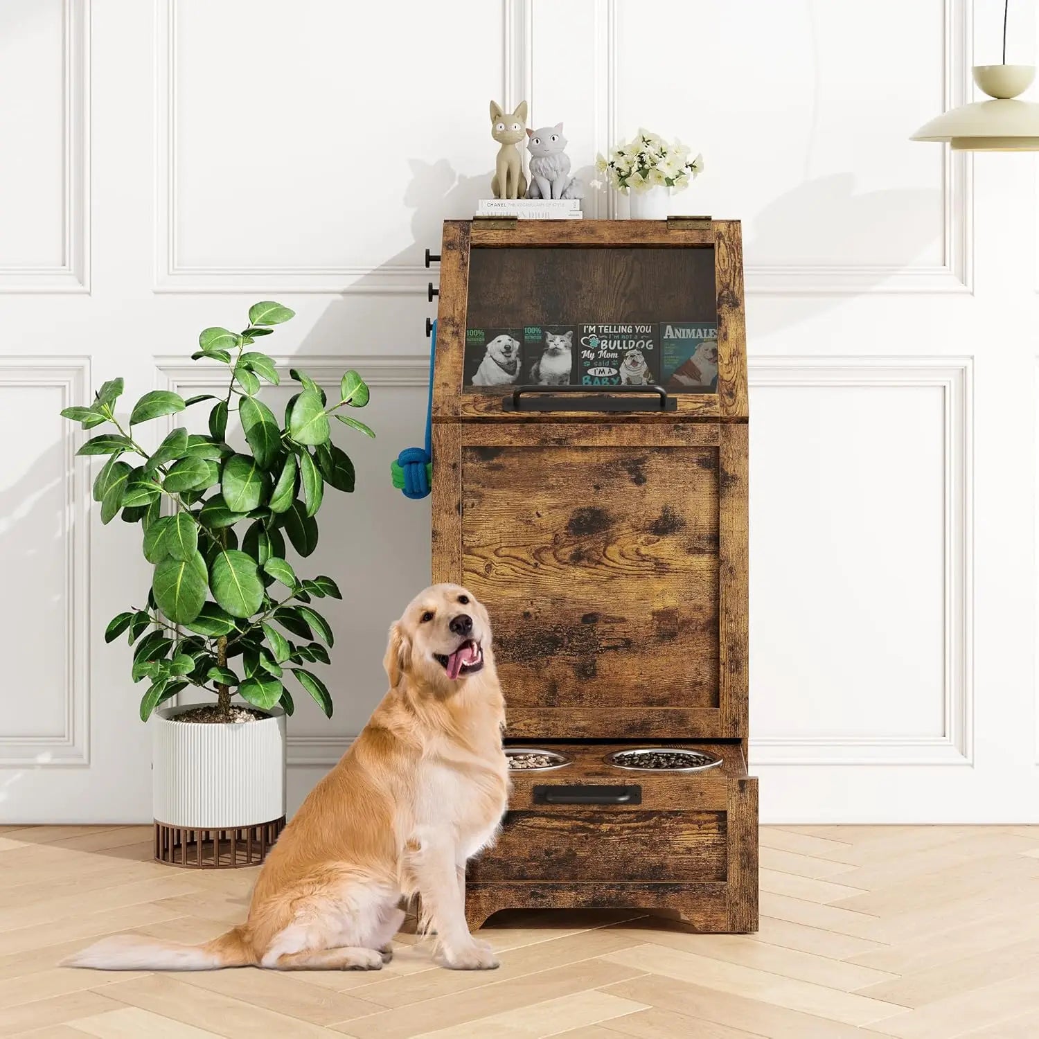 Dog Feeding Station with 2 Elevated Dog Bowls Flip Top Pet Food Cabinet Pet Food Container Pet Toys Storage Organizer by PawHaven