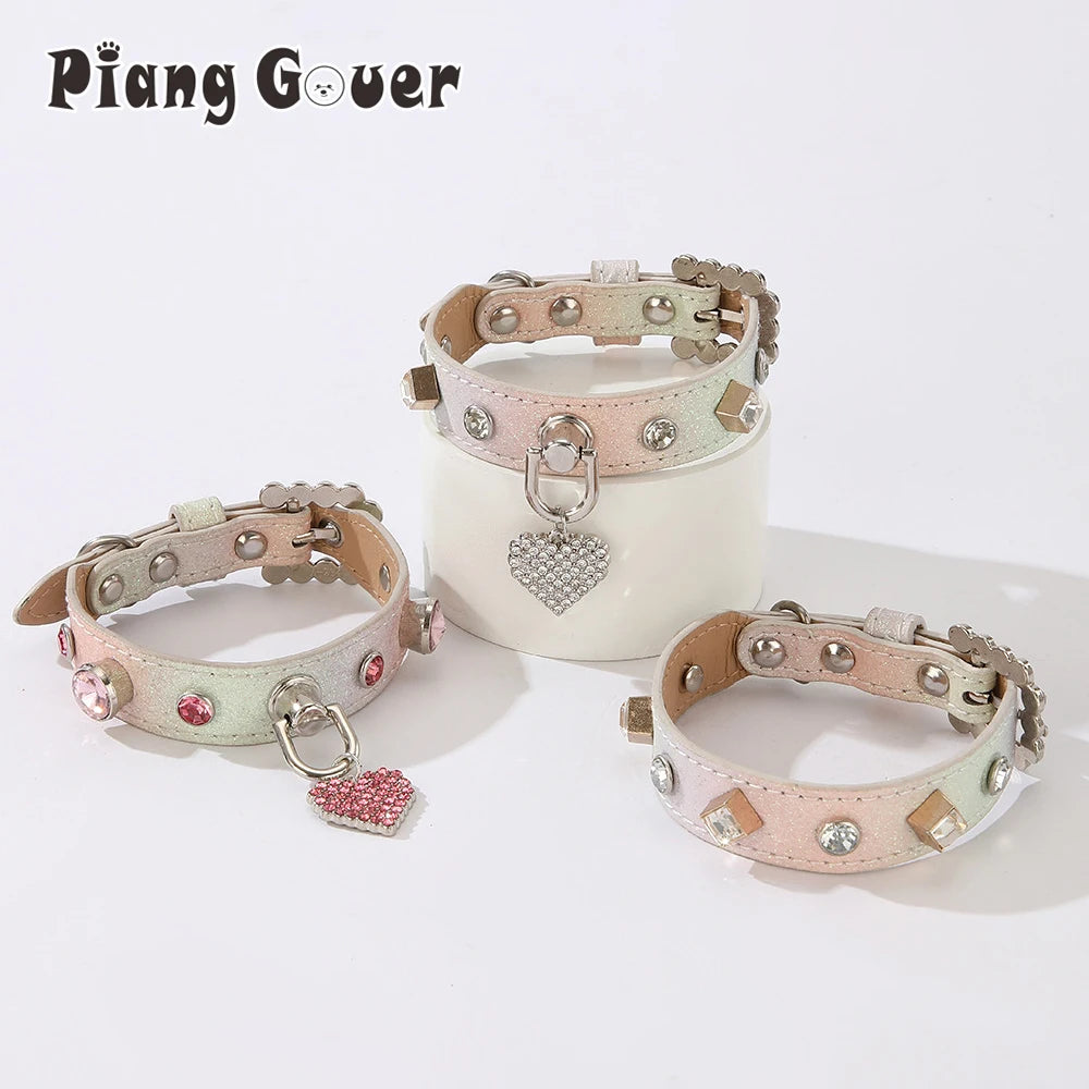 PU Dog Collar Artificial Leather Rhinestone Puppy Necklace Pendant Pet Cat Collar by PawHaven