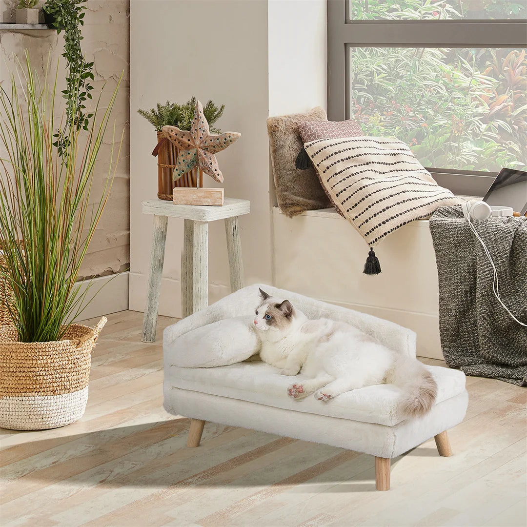 L Shape Dog Sofa Bed Cat Cushion Chaise Stool Soft Warm Nesting Couch with Rubber Wooden Legs by PawHaven