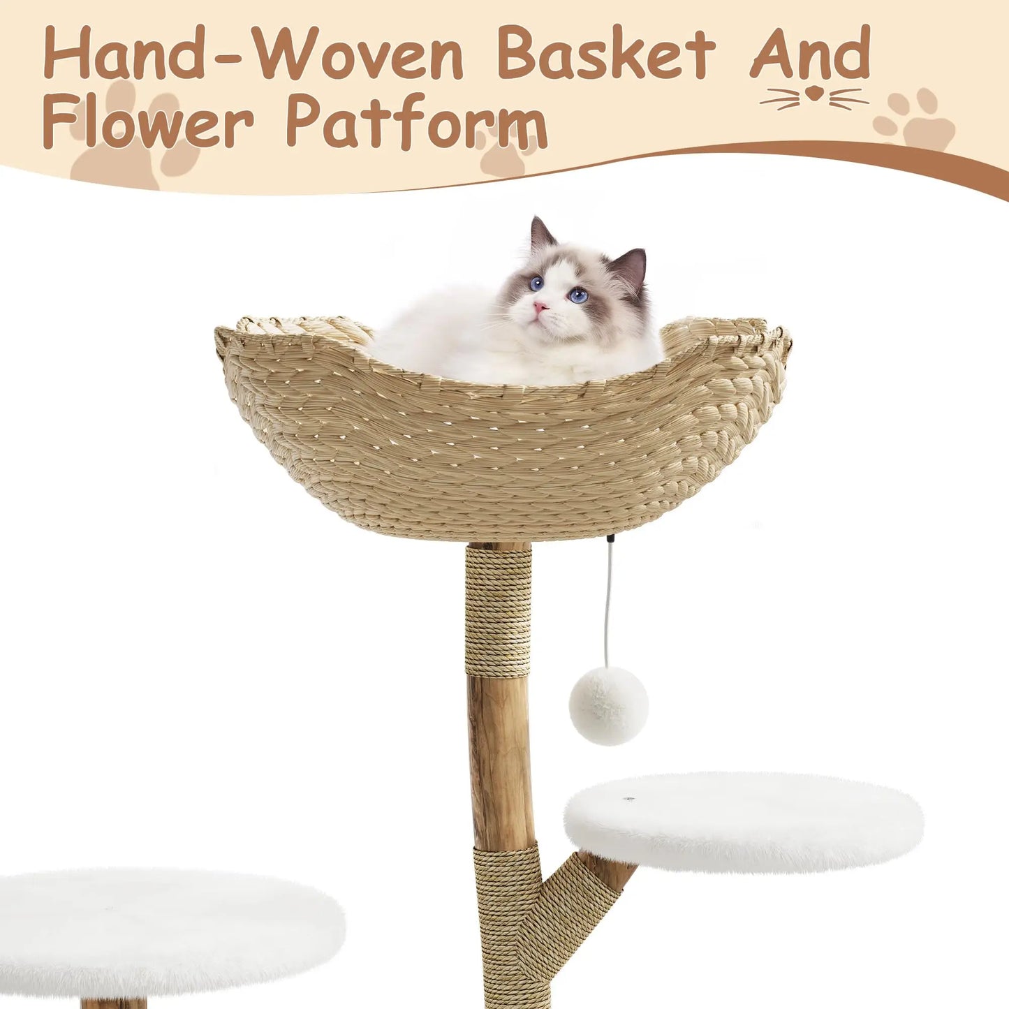 Real Wood Modern Cat Tree Tower With Wicker Condo Scratching Post Bed Boho Luxury Pet Furniture Indoor Cats Space-Saving by PawHaven