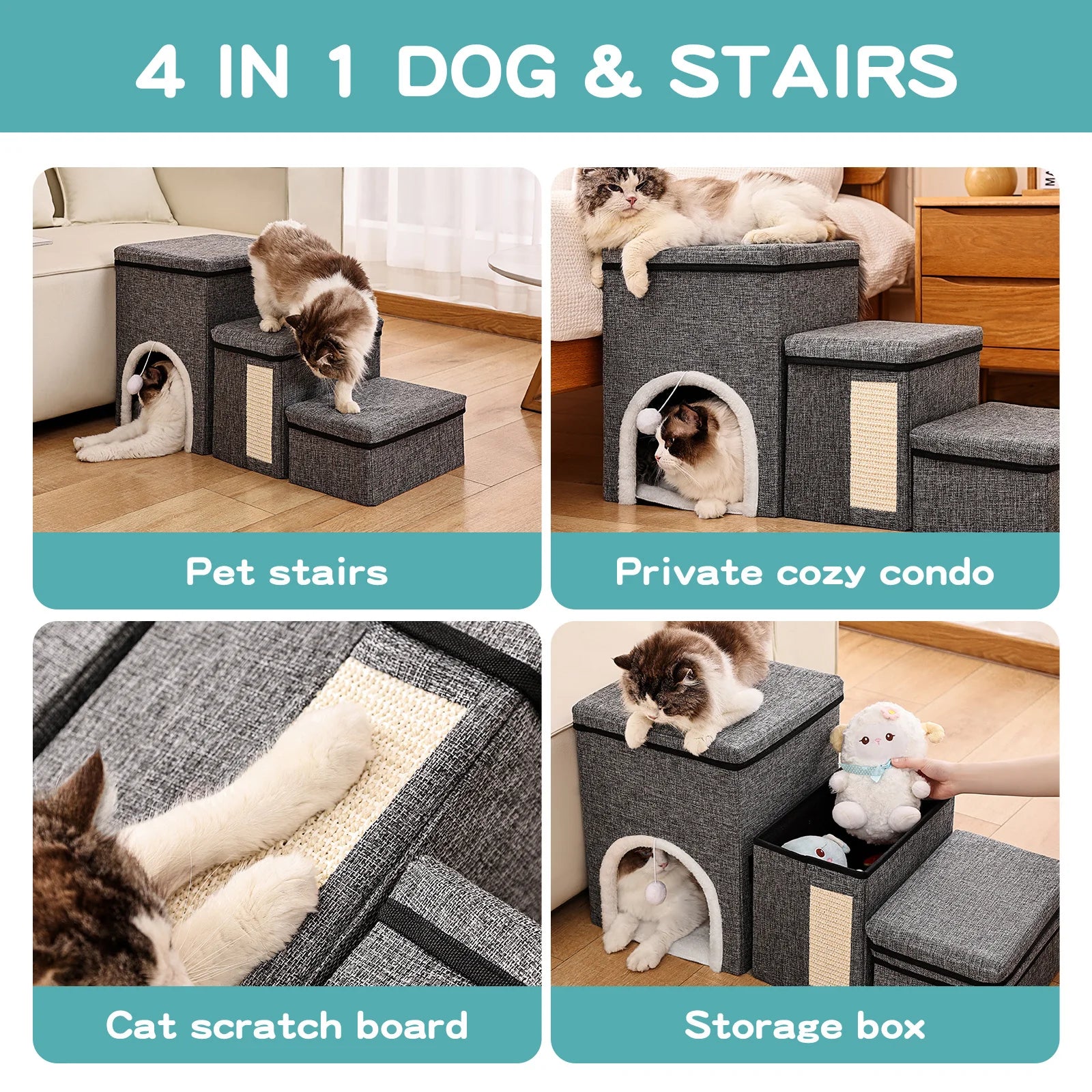 Dog Stairs for Small Dogs, 3 Steps Pet Stairs / Cat Stairs for Bed and Sofa, Folding Stairs with Cat Dog Cave, Non-Slip Base by PawHaven