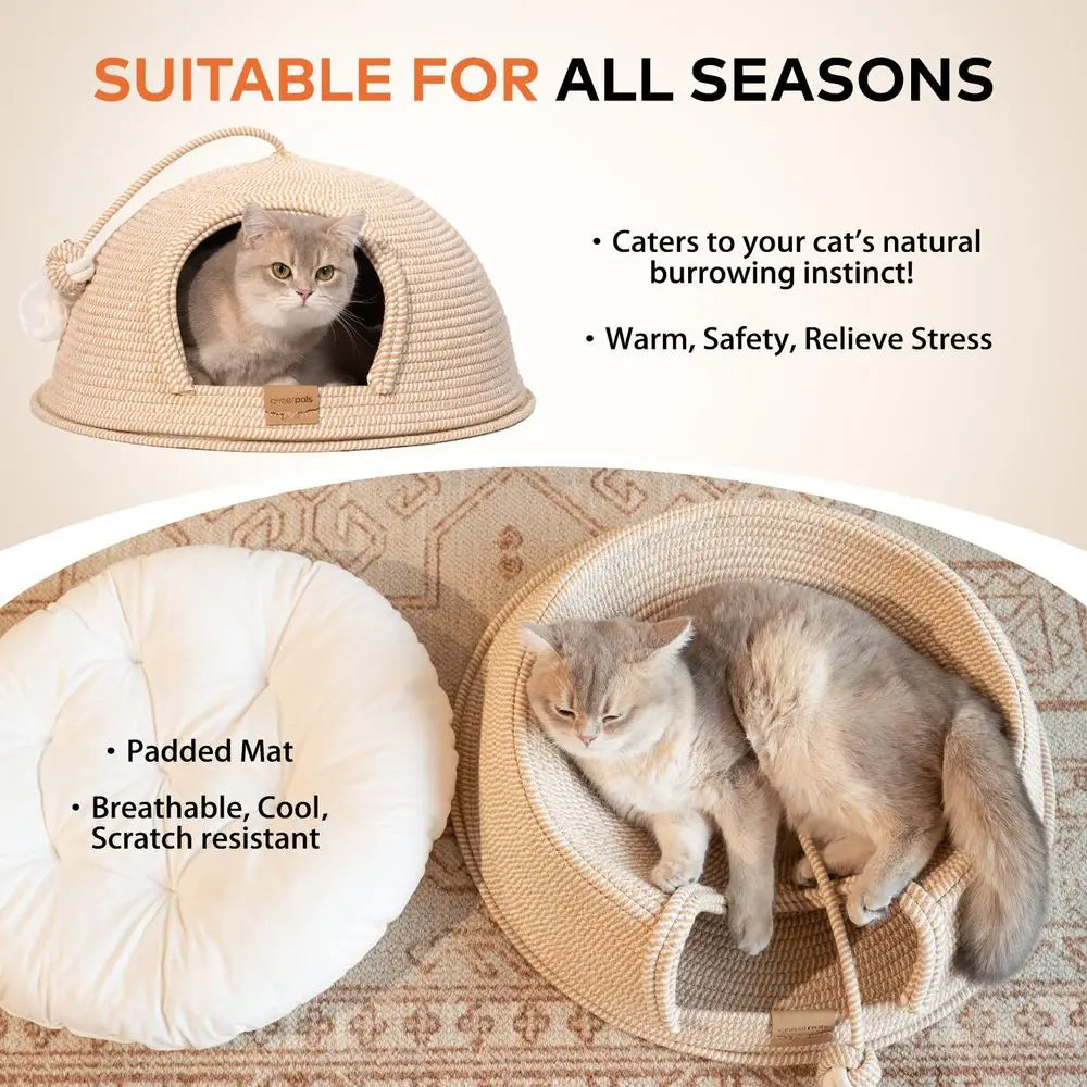 Cat Cave Bed amp Igloo Hideaway Durable Woven Yarn Cat House for Indoor Cats, ScratchResistant Hard Shell Nest with Washable Cu by PawHaven