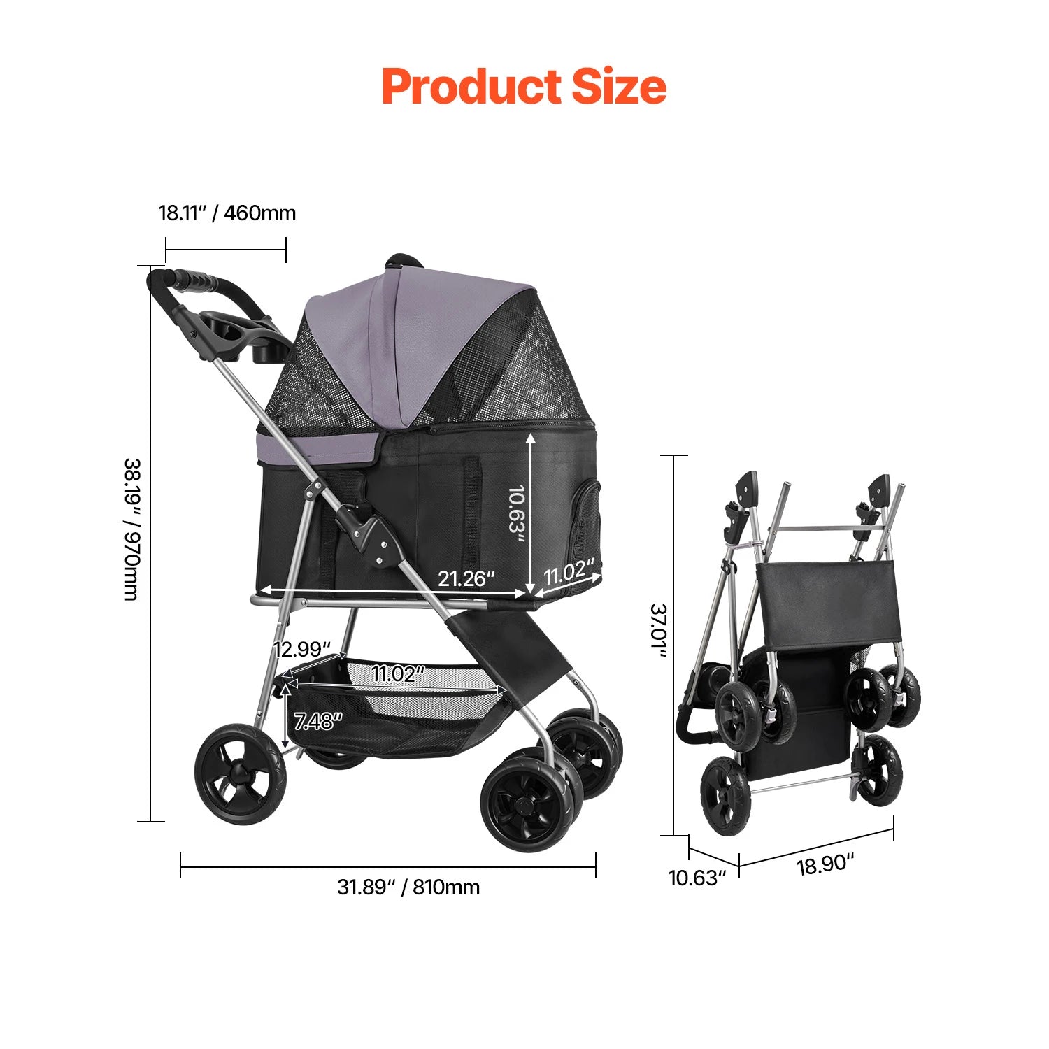 SucceBuy Pet Stroller 35 lbsDog Stroller Cart 4 Wheels Cats Pram w/Carrier & Mesh Animal Carrier w/Brake Small to Medium Pet by PawHaven