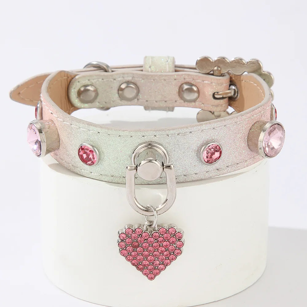 PU Dog Collar Artificial Leather Rhinestone Puppy Necklace Pendant Pet Cat Collar by PawHaven