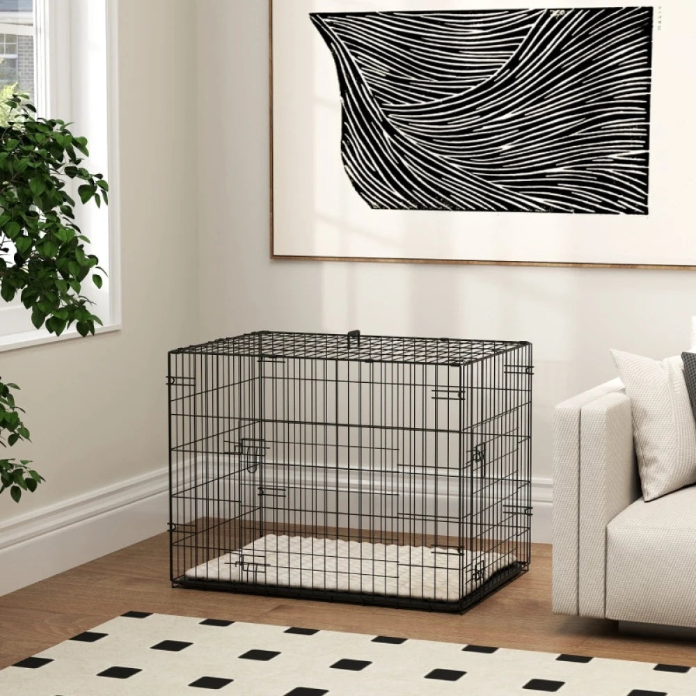 PINGGO Foldable Dog Crate with 2 Doors with Tray, Soft Cushion, for Small Dogs, 76 x 53 x 60, Detachable, easy to clean ，Black by PawHaven