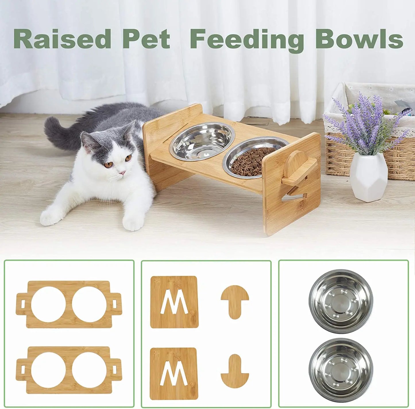 Wooden Raised Cat Bowls, Food Container, Drinking Dish, Bamboo Stand, Stainless Bowl, Height Adjustable by PawHaven