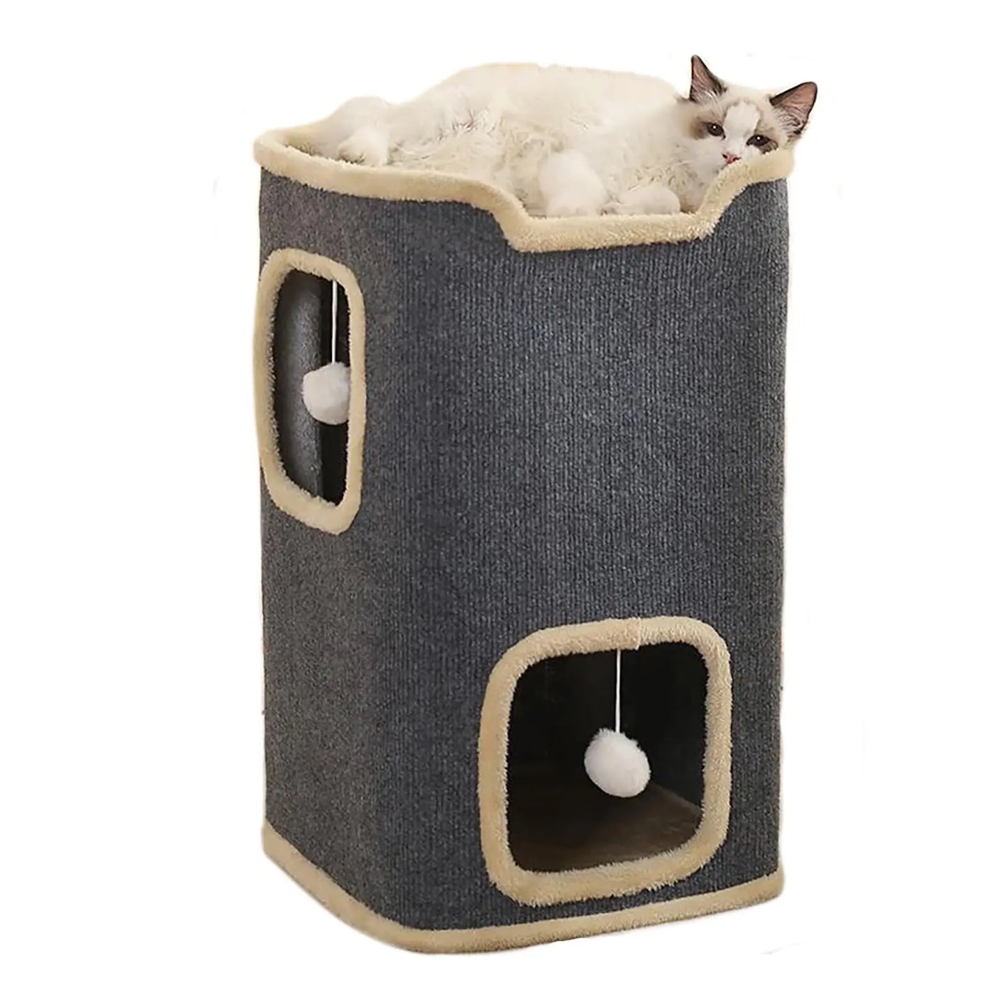 Winter 2 Layer Cat House for Indoor Cats, 24'' Durable Cat Cube Playhouse with Dangling Balls, Perfect for Multiple Pets by PawHaven