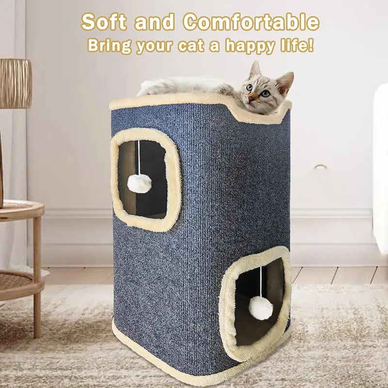 Winter 2 Layer Cat House for Indoor Cats, 24'' Durable Cat Cube Playhouse with Dangling Balls, Perfect for Multiple Pets by PawHaven