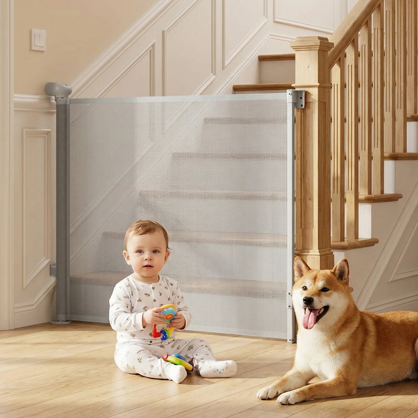 Extendable Stair Gate 0-140 cm Stair Protection Roller Blind Dog Door Gate and Baby Stair Safety Gate for Indoor & Outdoor Use by PawHaven