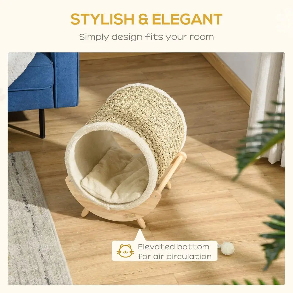 Raised Cat House Kitten Bed Pet Shelter Wrapped with Scratcher Soft Cushion, 41 x 38 x 43 cm, Beige by PawHaven