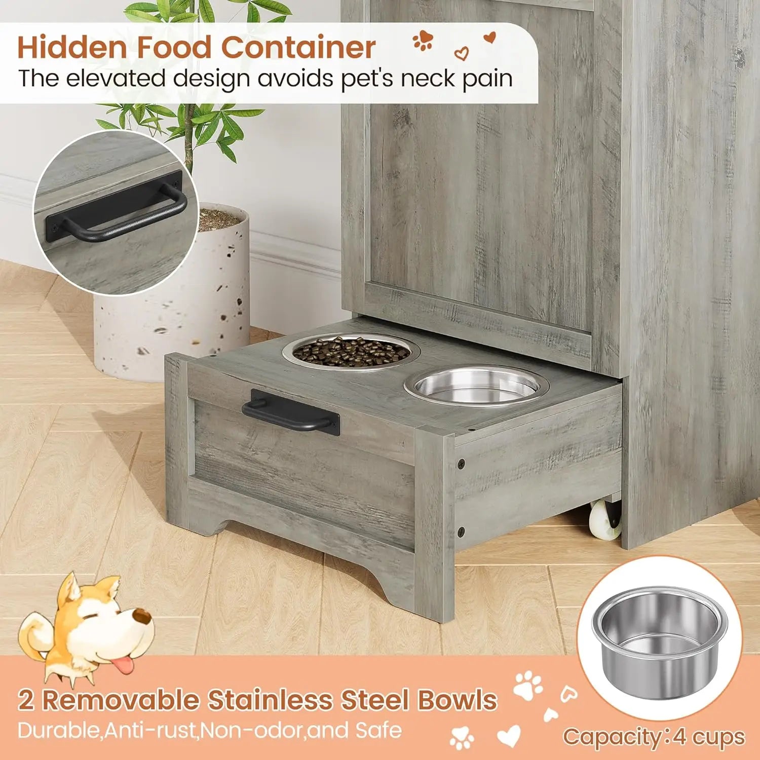 Dog Feeding Station with 2 Elevated Dog Bowls Flip Top Pet Food Cabinet Pet Food Container Pet Toys Storage Organizer by PawHaven